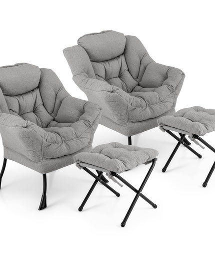 Giantex Set of 1/2 Lazy Chair with Folding Ottoman, Modern Sherpa Accent Chair w/Armrests & Pocket