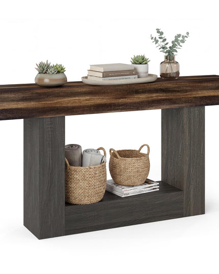 Giantex 63" Farmhouse Console Table with Storage Shelf - Rustic Brown