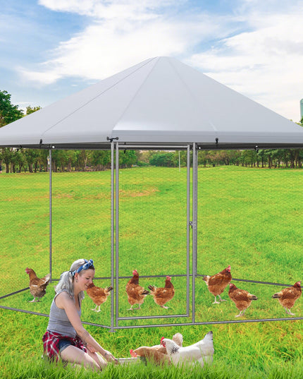 Giantex Large Metal Chicken Run - 13ft Hexagon Walk-in Chicken Coop