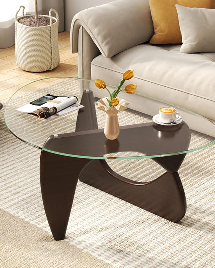 Giantex Triangle Glass Coffee Table, Solid Wood Tea Table with Tempered Glass Top & Adjustable Base