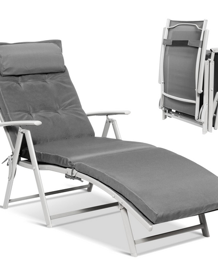 Pool Folding Reclining Beach Chair W/Removable Cushion&Headrest Pillow