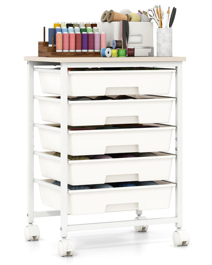 Giantex 5 Drawers Rolling Cart with Wheels Wood Top Sturdy Frame
