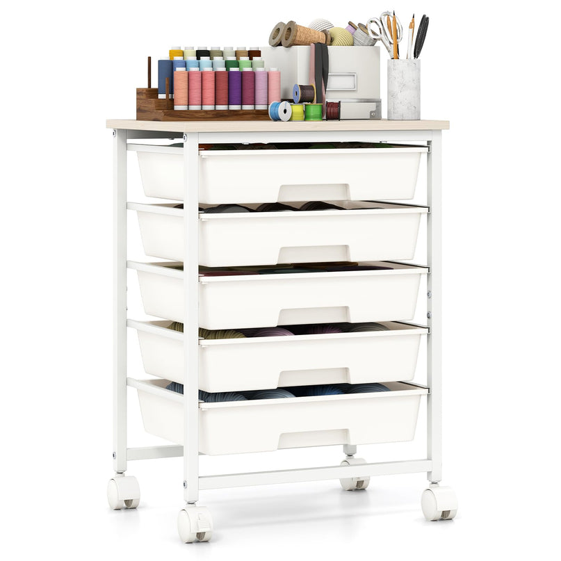 Giantex 5 Drawers Rolling Cart with Wheels Wood Top Sturdy Frame