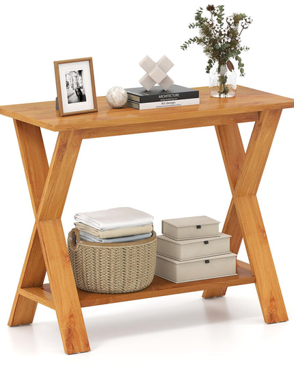 Giantex Solid Teak Wood Console Table with Storage Shelf