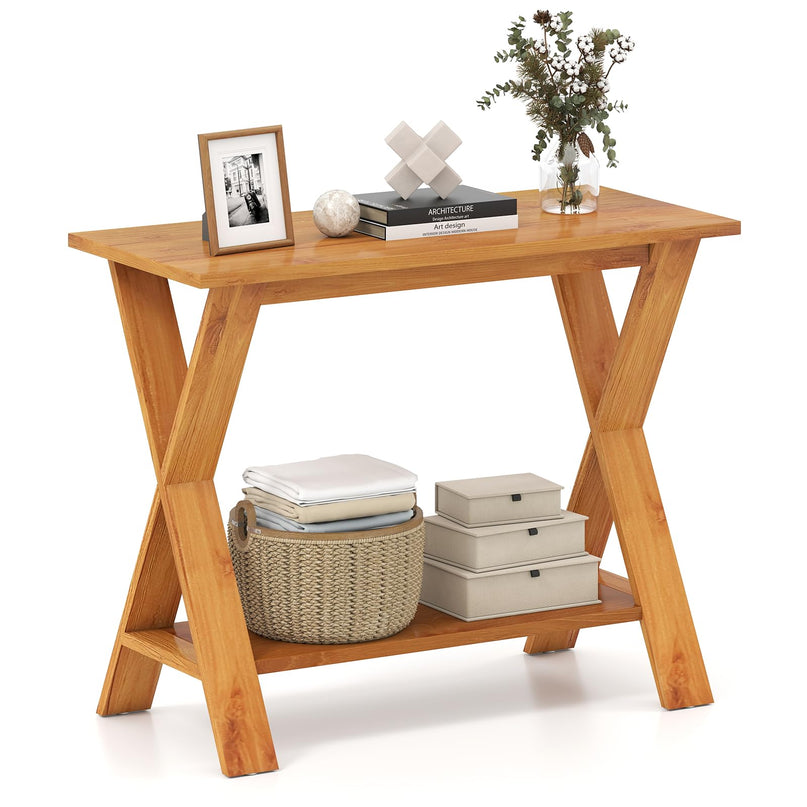 Giantex Solid Teak Wood Console Table with Storage Shelf