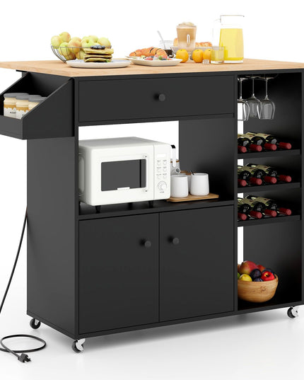 Giantex Rolling Kitchen Island Cart with Drop Leaf, Power Outlet, Spice Rack, 12 Wine Rack