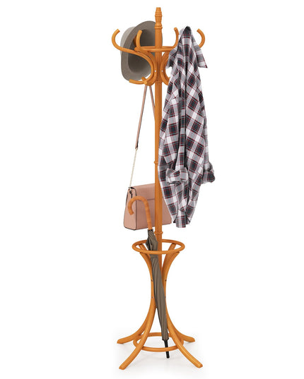 Giantex Solid Wood Coat Rack, Freestanding Hall Tree w/12 Hooks, Umbrella Holder, Entryway Hanger Stand for Coat