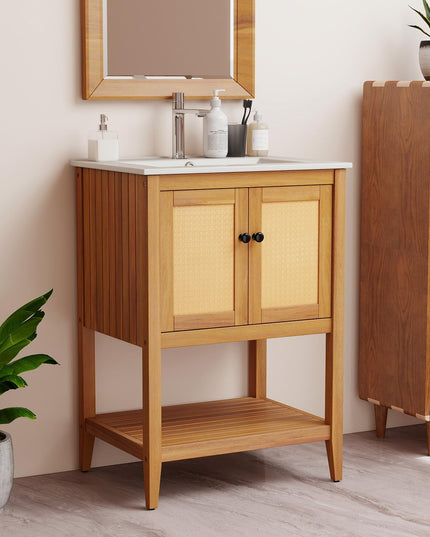 Meuble sous vasque Giantex en bois d'acacia massif avec évier, style moderne