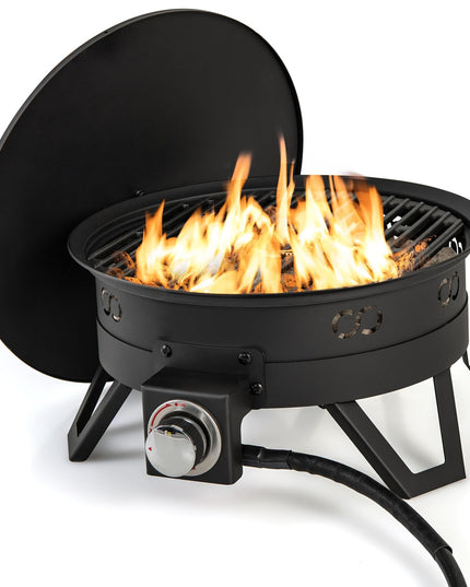 Giantex Portable Propane Fire Pit, 17" Small Outdoor Fire Bowl with Foldable Legs, Round Fireplace with Lid