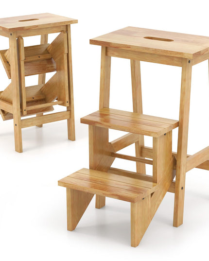 Giantex Folding 3 Tier Step Ladder, Multipurpose 3-in-1 Wood Step Stool with Anti-Slip (Natural)