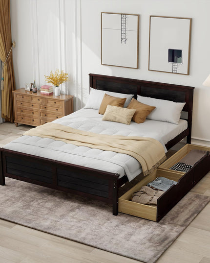 Giantex Wood Full Size Bed Frame with 2 Storage Drawers, Solid Wood Platform Bed with Headboard