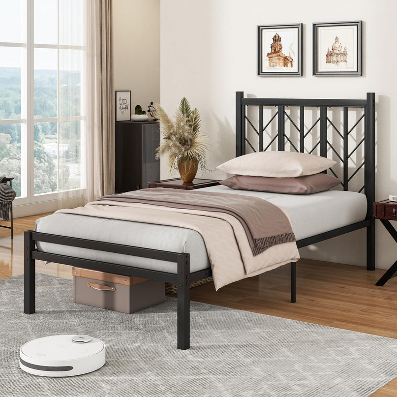Giantex Bed Frames with Vintage Headboard, Metal Mattress Foundation for Storage