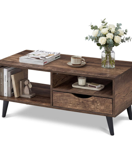 Table basse en bois Giantex avec tiroir de rangement, table de centre rustique de 36,5 pouces