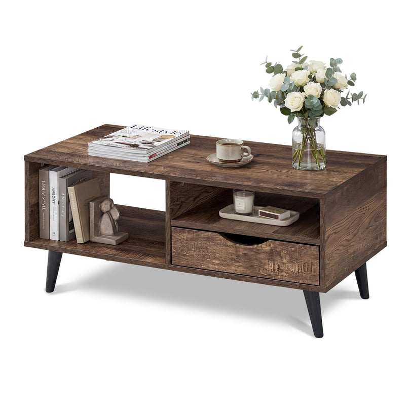 Table basse en bois Giantex avec tiroir de rangement, table de centre rustique de 36,5 pouces
