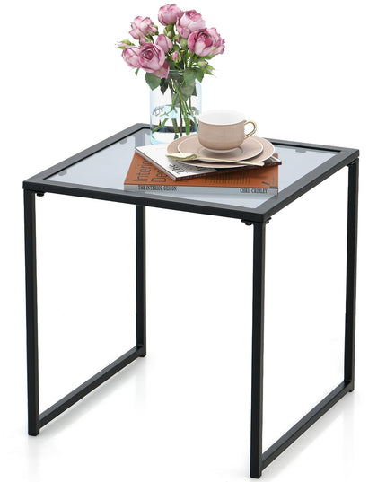 Giantex Outdoor 17” Square Table - Patio Tempered Glass End Table Side Table with Metal Frame