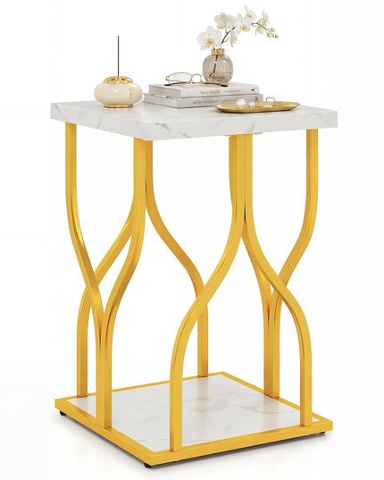 Giantex 2-Tier End Table with Storage Shelf & Gold Petal-Inspired Geometric Metal Frame