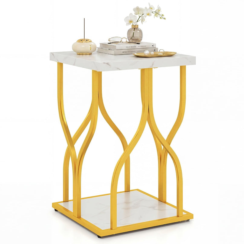 Giantex 2-Tier End Table with Storage Shelf & Gold Petal-Inspired Geometric Metal Frame