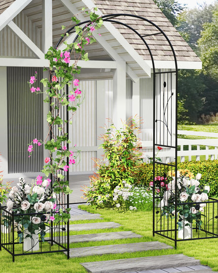 Giantex Garden Arch Trellis with Planters, 86'' Metal Arbor Pergola for Climbing Plants Rose Clematis Vines