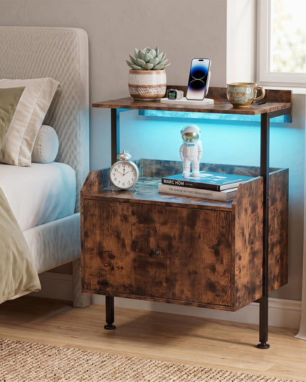 Giantex Nightstand w/Charging Station & LED Light for Bedroom Living Room Study