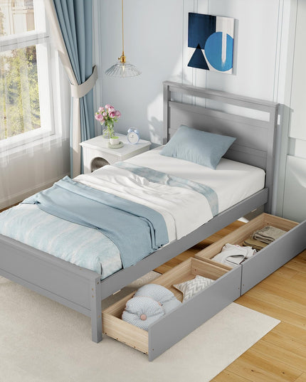 Giantex Wood Twin Bed with 2 Storage Drawers, Solid Wood Platform Bed with Headboard