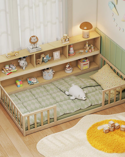Lit de plancher Giantex pour enfants, taille simple/double, avec bibliothèque (Simple/Double avec bibliothèque)