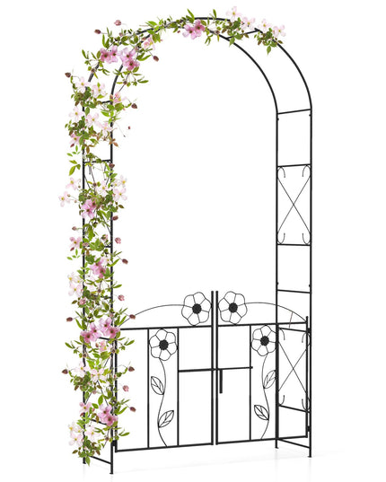 Giantex Garden Arbor with Gate, 7.5FT Metal Arch Trellis for Climbing Plants Rose Ivy, Archway Pergola with Flower Door