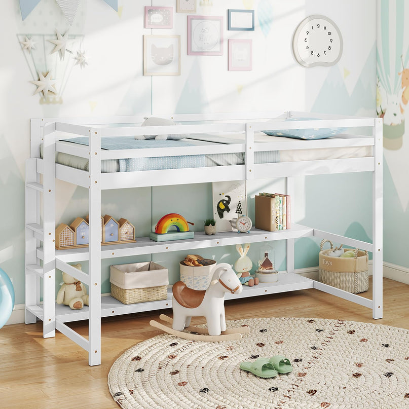 Giantex Twin Wooden Loft Bed with Full-Length Guardrails & Ladder