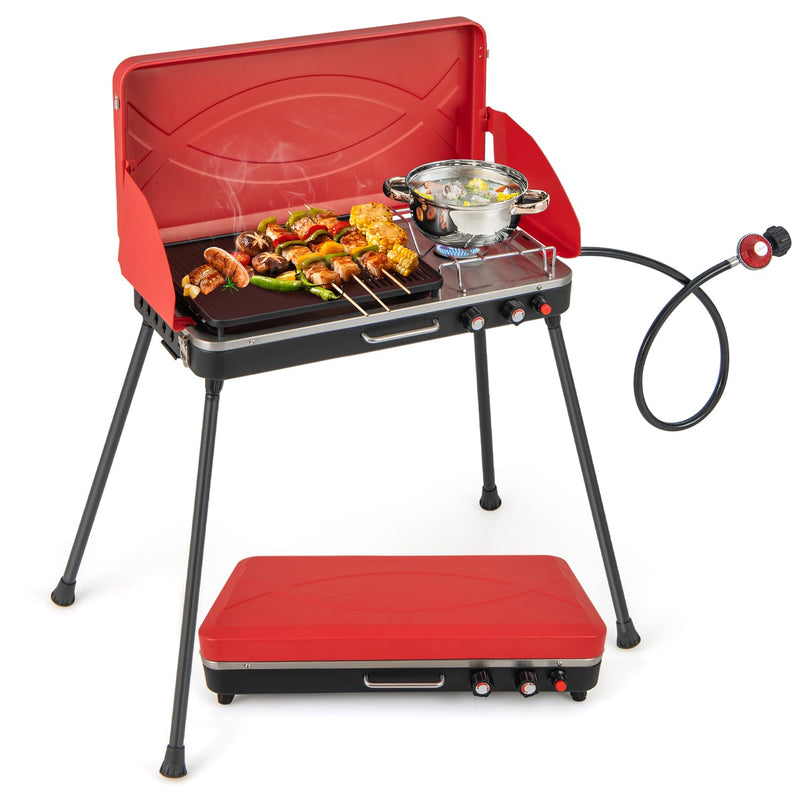 Giantex 2-in-1 Gas Camping Grill and Stove, Portable Propane Grill Burner, Gas Hose with Regulator, 20,000 Total BTUs (Red)