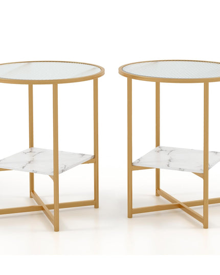 Giantex Glass End Table Set of 2, Round Side Table with Faux Marble Storage Shelf and Glass Top, Gold