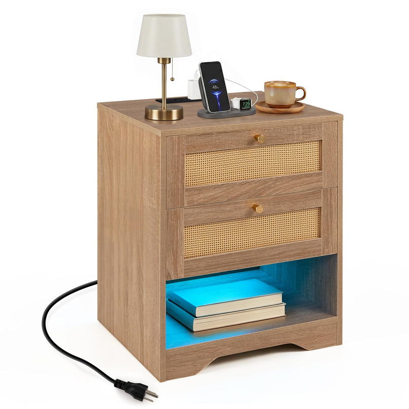 GIANTEX Rattan Nightstand with Charging Station for Bedroom