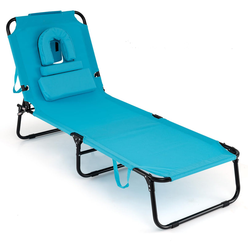 Giantex Folding Beach Tanning Chair - Adjustable Patio Lounge Chair w/Face Hole