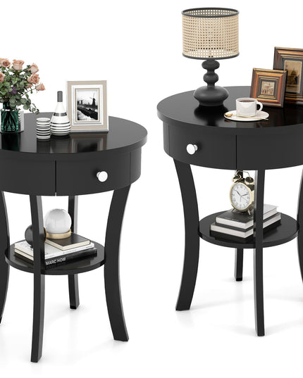 Giantex Round End Table with Drawer, 2-Tier Wood Side Table w/Open Shelf