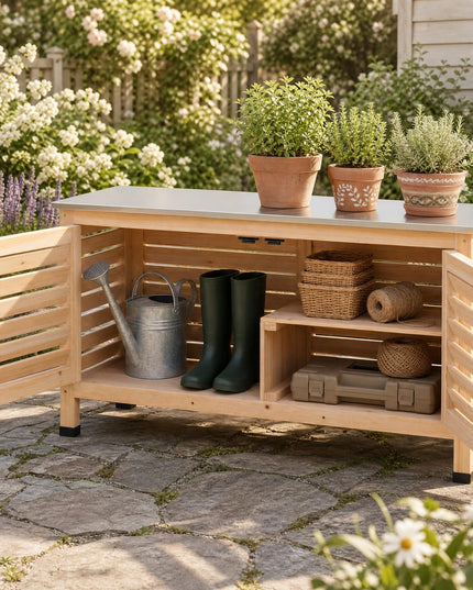 Giantex Fir Wood Outdoor Cabinet with Stainless Steel Countertop