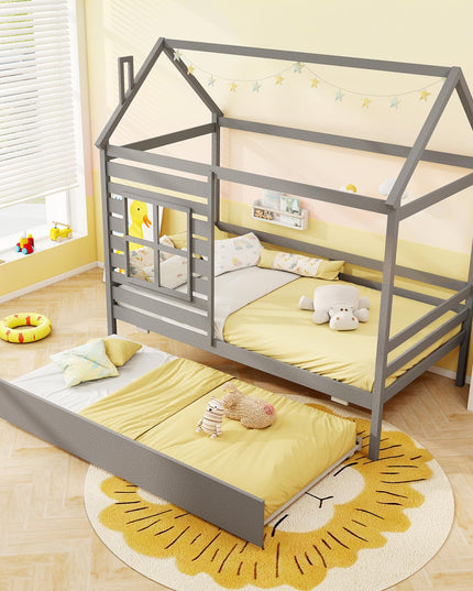 Giantex Twin House Bed with Trundle Bed Twin, Wooden Twin Bed Frames with Roof, Chimney & Window