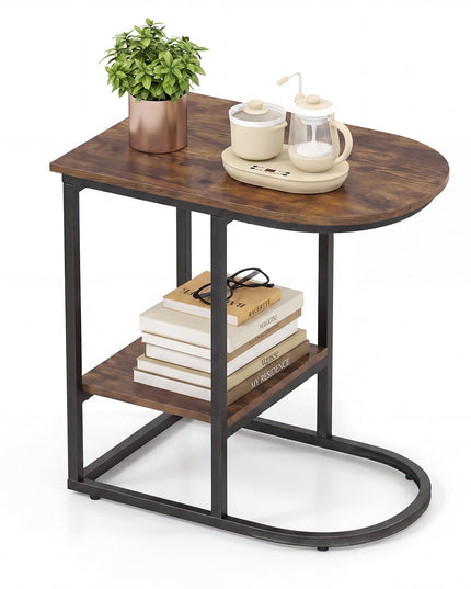 Giantex C Shaped End Table with Industrial Wood Tabletop & Storage Shelf