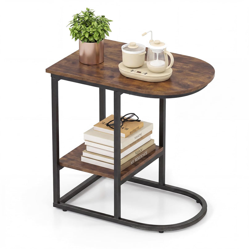 Giantex C Shaped End Table with Industrial Wood Tabletop & Storage Shelf
