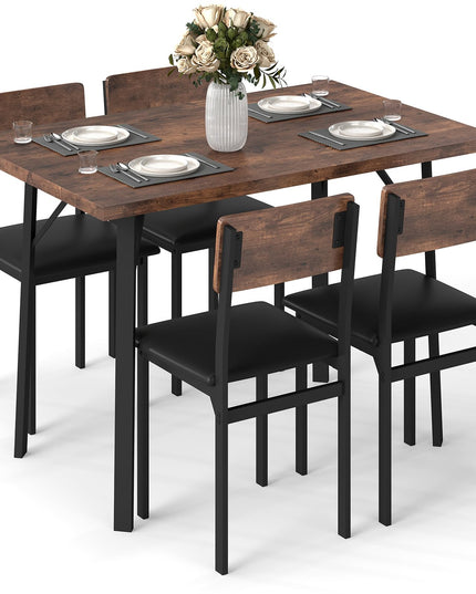 Giantex Industrial Kitchen Table and 4 PU Leather Upholstered Chairs with Metal Leg