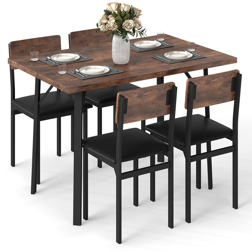 Giantex Industrial Kitchen Table and 4 PU Leather Upholstered Chairs with Metal Leg