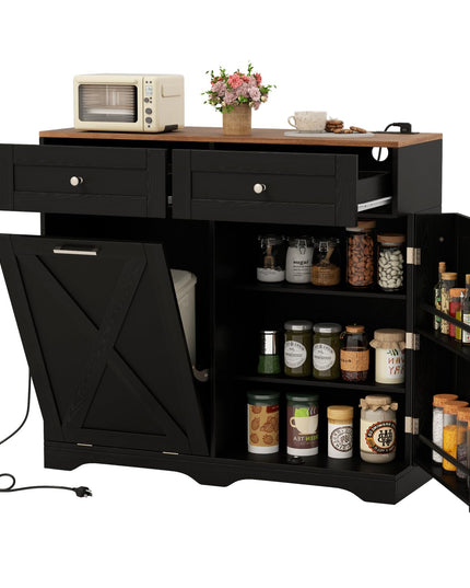 Tilt Out Trash Can Cabinet 9.25 Gallon, Kitchen Island with Power Outlet