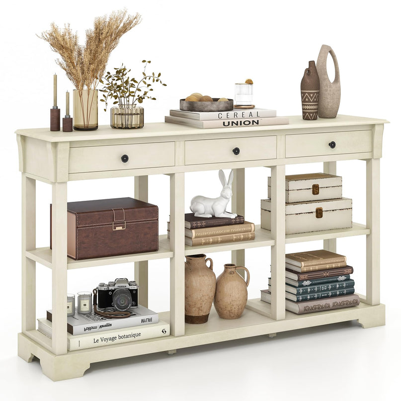 Giantex Console Table with Storage, 58” Long Sofa Table with 3 Drawers & Open Shelves