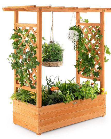 Giantex Raised Garden Bed with Trellis, Wood Planter Box with Roof & Side Trellis, Drain Holes