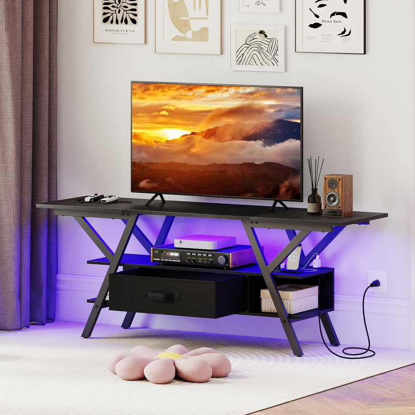 Giantex Black TV Stand with Power Outlets for 65" TVs 3-Tier Entertainment Center