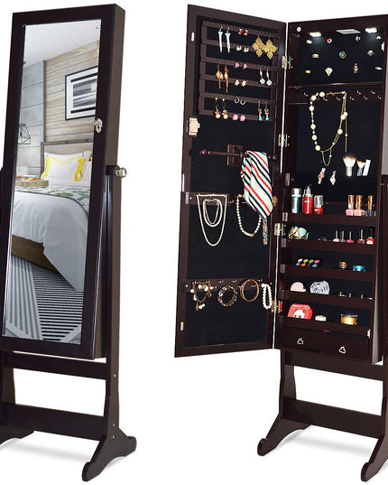 Giantex 57.5"H 2 LEDs Standing Jewelry Cabinet with Full Length Mirror with 2 Drawers, 4 Adjustable Angles, Jewelry Storage Organizer