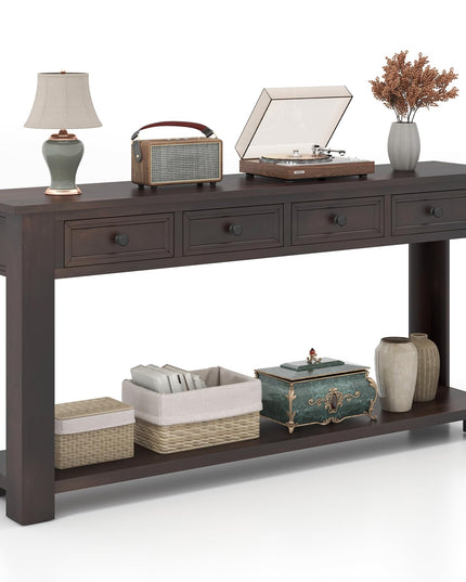 Giantex 63" Farmhouse Entryway Table, Narrow Console Table w/ 4 Storage Drawers & Open Shelf