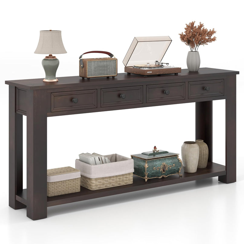 Giantex 63" Farmhouse Entryway Table, Narrow Console Table w/ 4 Storage Drawers & Open Shelf