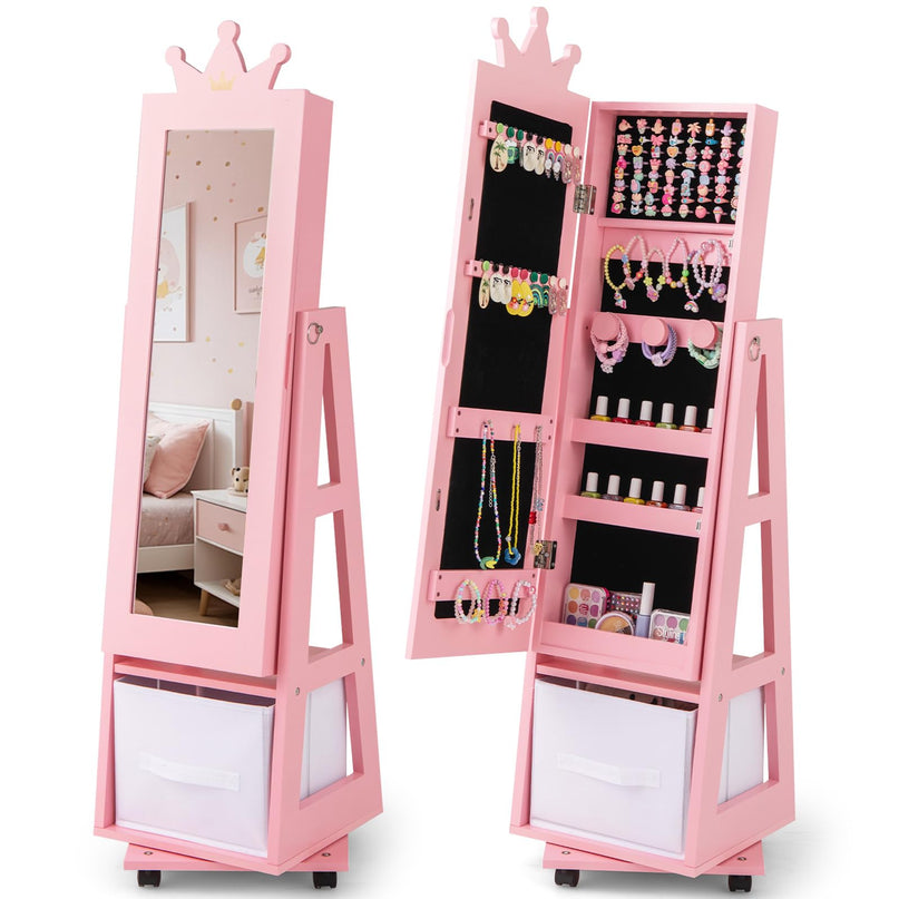 CHARMAID 360° Swivel Kids Jewelry Cabinet, 48" Standing Jewelry Organizer with Full Length Mirror, Storage Drawer