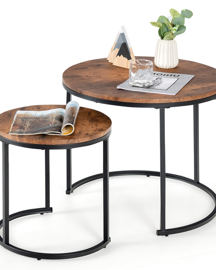 Nesting Coffee Table Set of 2, Round Stacking Side Tables w/Wooden Tabletop & Steel Frame