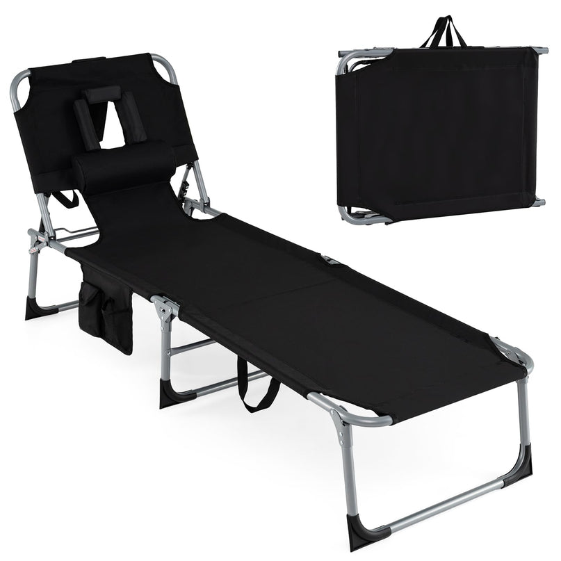 (下架）Giantex Tanning Chair Folding Beach Chair w/Face Arm Hole, Washable Pillow, Pocket