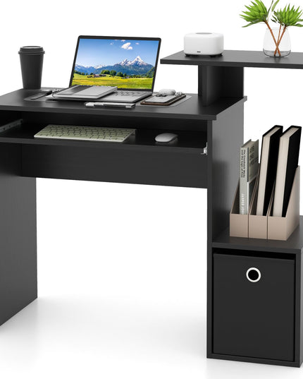 Giantex Computer Desk with Keyboard Tray, Compact Home Office Desk with Fabric Drawer & Storage Shelf