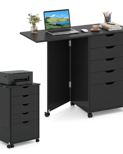 GIANTEX 5-Drawer Wood Compact Foldable Drop-Leaf Computer Desk with Wheels